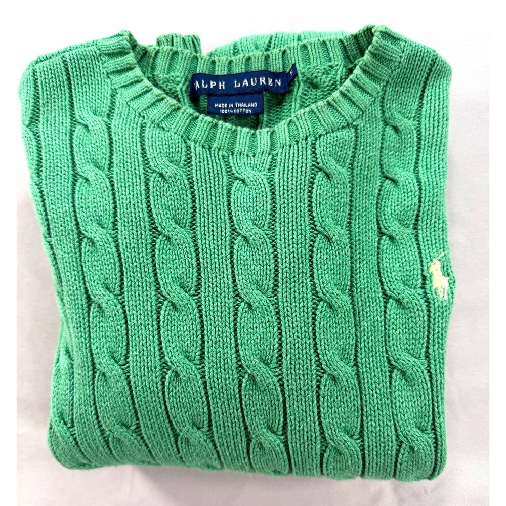 Ralph Lauren Women's  Green Cable-Knit Crew Neck Long Sleeve Cotton Sweater S